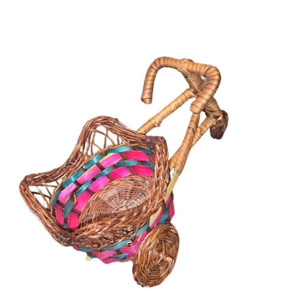 Vintage Wicker Tricycle Planter Basket With Colorful Weave Design boho cottage - Picture 3 of 9